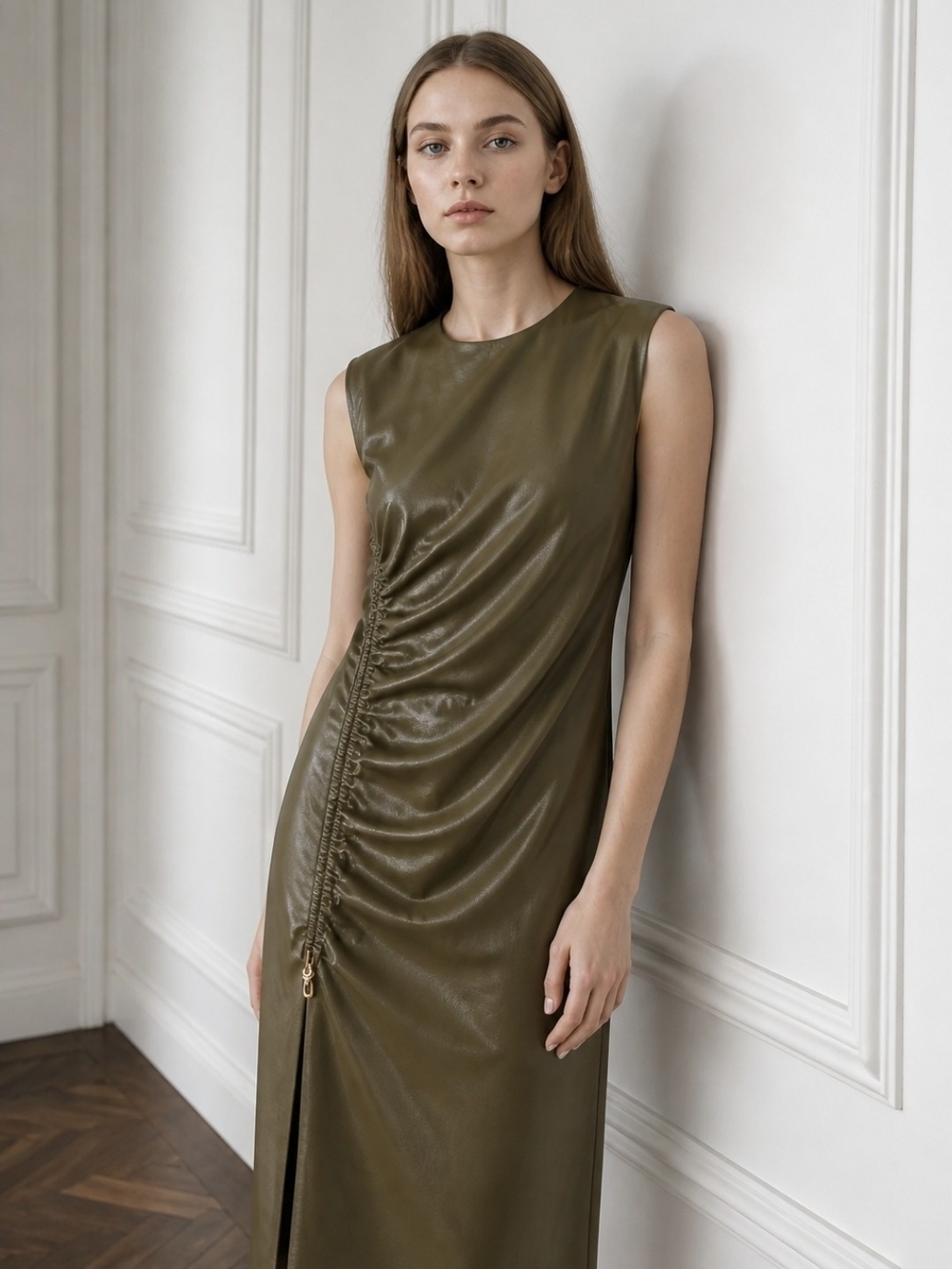 Donna Karan New York Olive Faux Leather Ruched Midi Dress Size 12